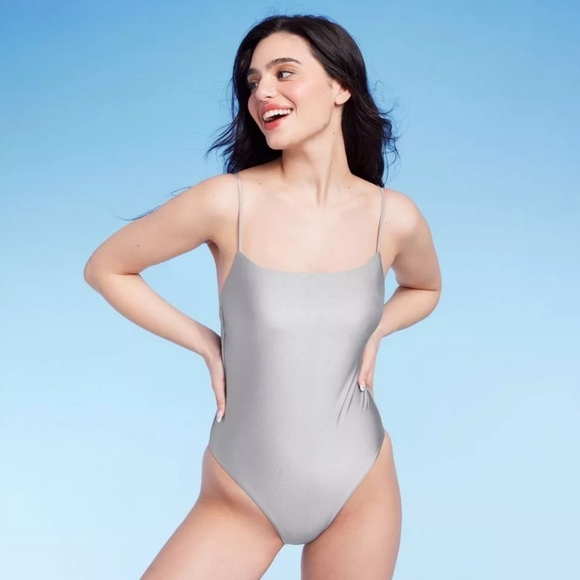 Shade & Shore Swimsuit Bathing Suit One Piece High Leg Cheeky Gray Silver S 4 6 - Picture 1 of 9